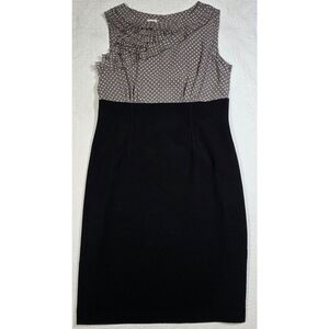 Anne Klein Taupe Polka Dot & Black Ruffle Sleeveless Sheath Dress Size 10